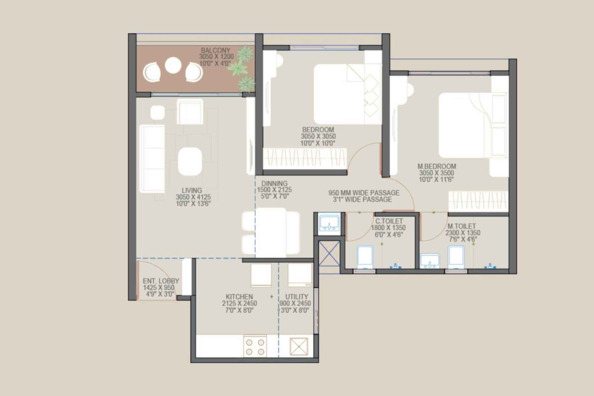 2 BHK Classic 638 Sq Ft CAD Floor Plan
