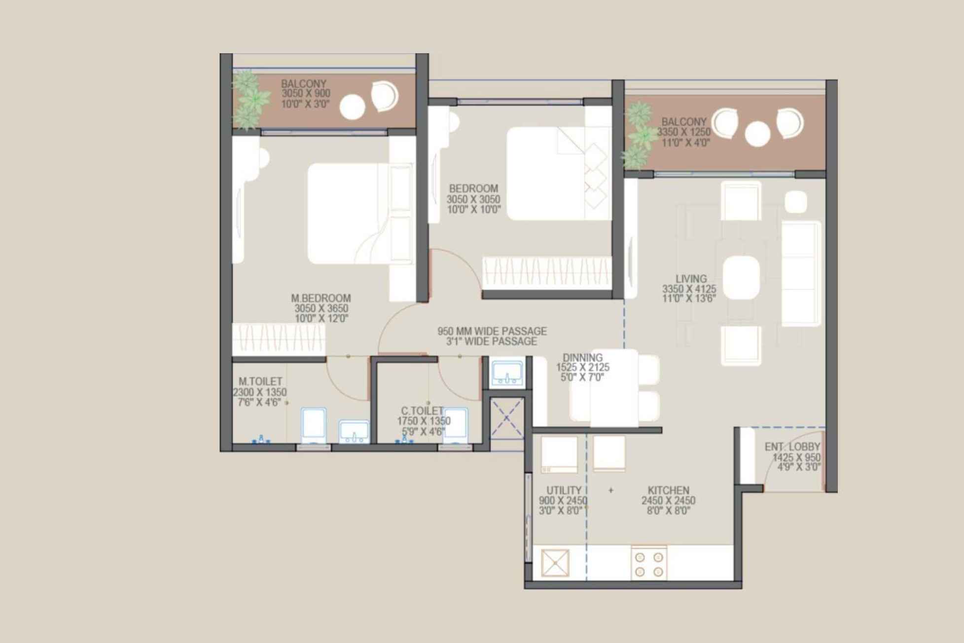 2 BHK Premier 704 Sq Ft CAD Floor Plan
