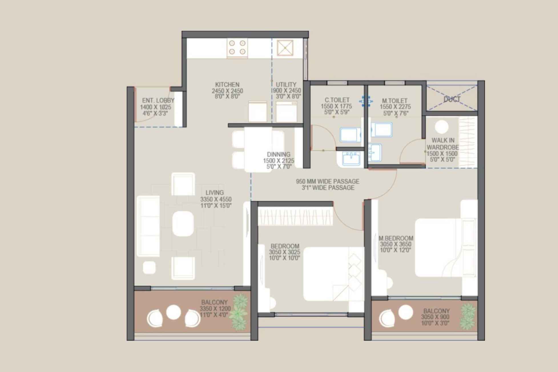 2 BHK Signature 760 Sq Ft CAD Floor Plan
