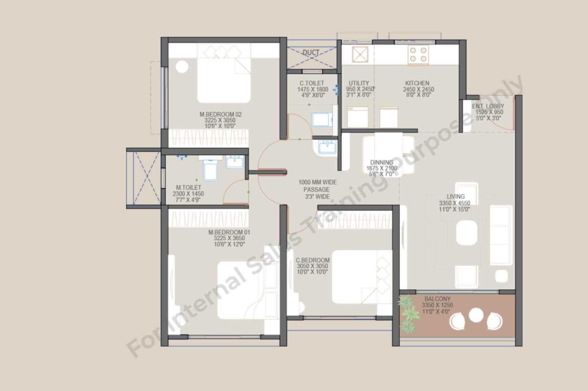 3 BHK Classic 848 Sq Ft CAD Floor Plan