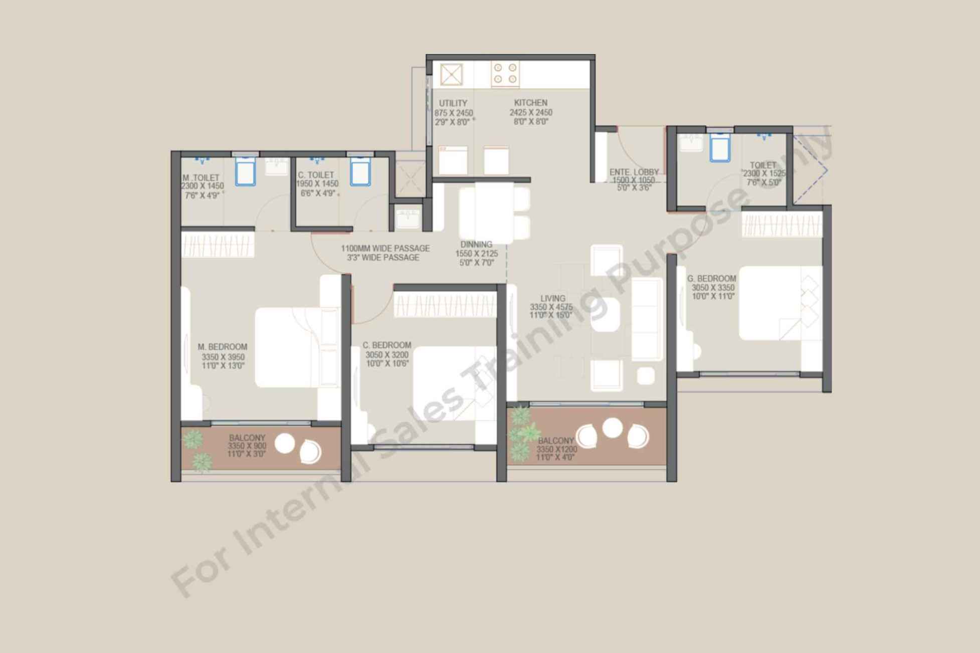 3 BHK Premier 924 Sq Ft CAD Floor Plan