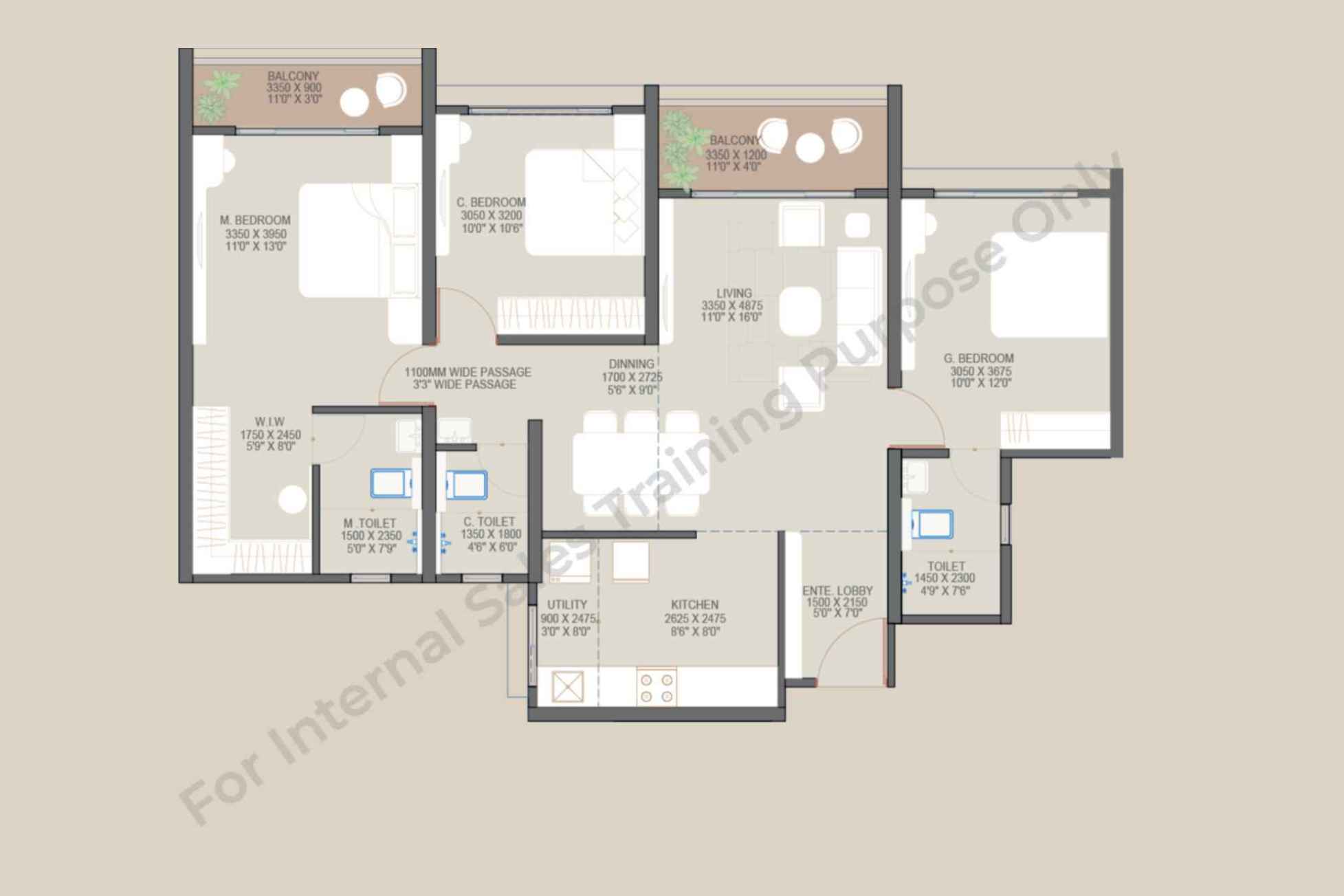 3 BHK Signature 1036 Sq Ft CAD Floor Plan